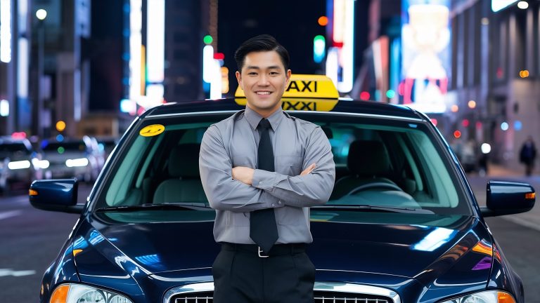 standing-front-car-male-taxi-driver - Sincere Moneylender